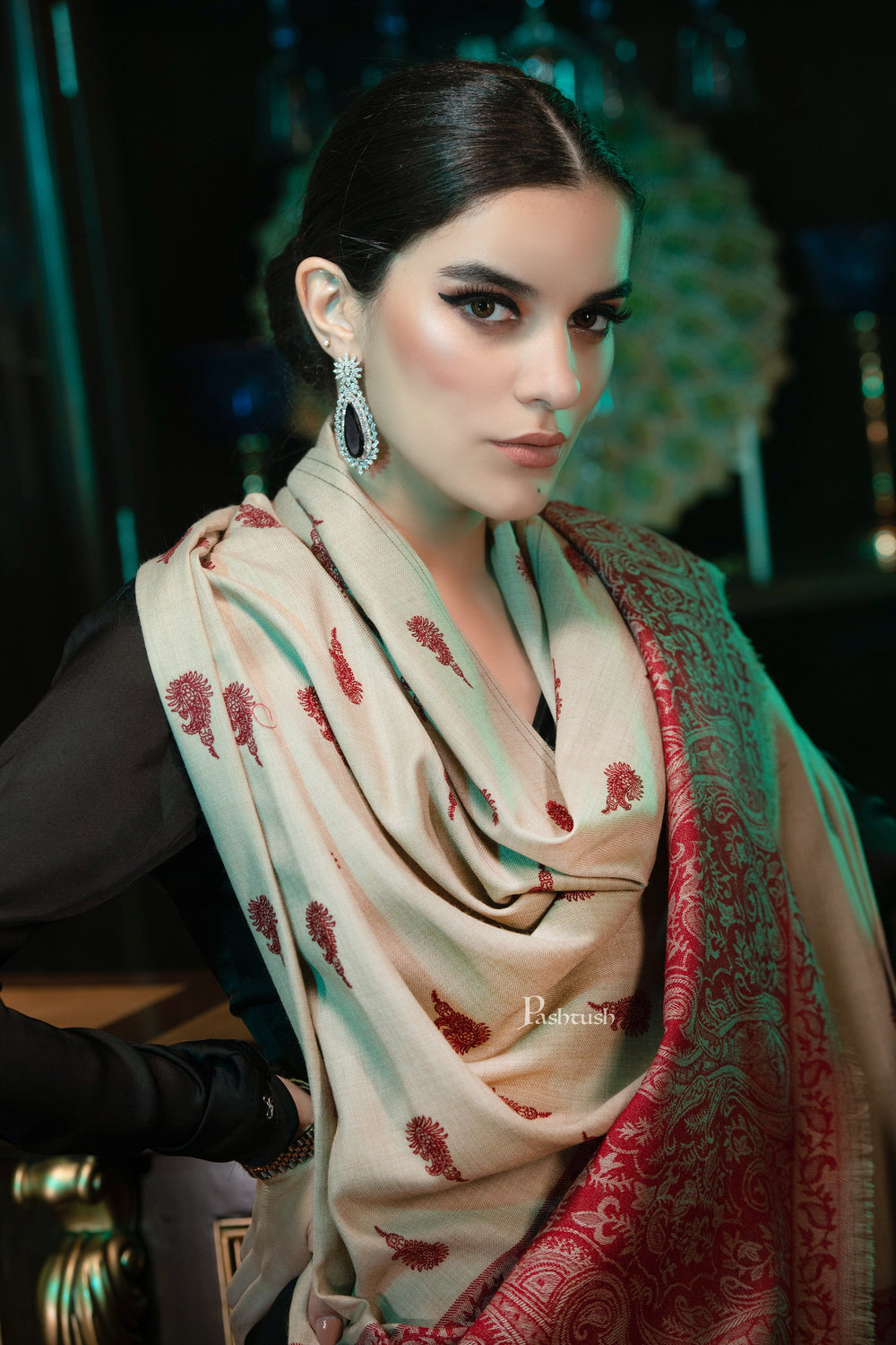 Pashtush India Womens Shawls Pashtush womens Fine Wool Shawl, Ethnic motifs design, Beige And Maroon