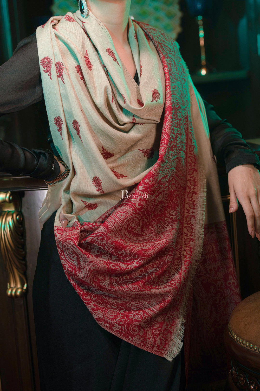 Pashtush India Womens Shawls Pashtush womens Fine Wool Shawl, Ethnic motifs design, Beige And Maroon