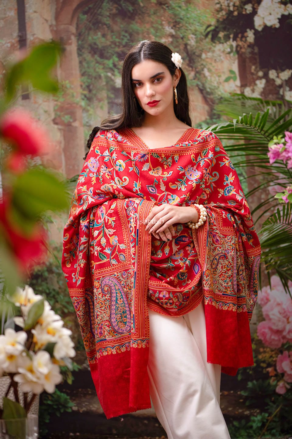 Pashtush India Womens Shawls Pashtush womens Fine Wool shawl, Hand Embroidered Kalamkari design, Crimson