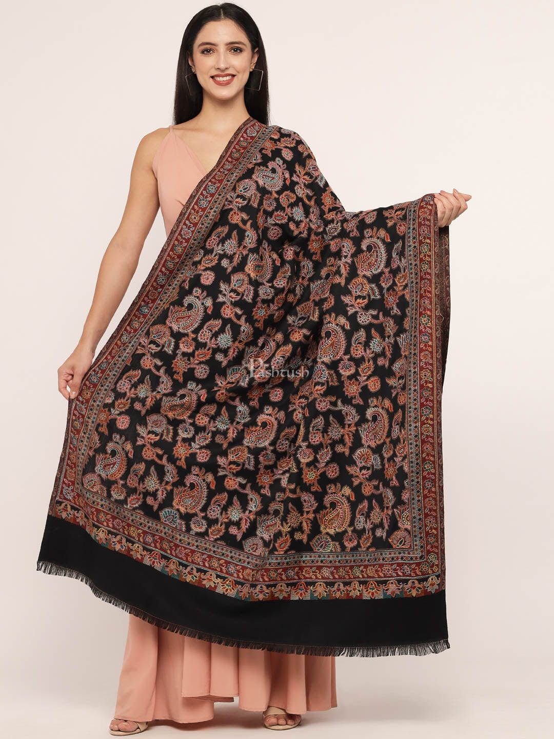 Pashtush India Womens Shawls Pashtush womens Fine Wool shawl, hand embroidery design, Black