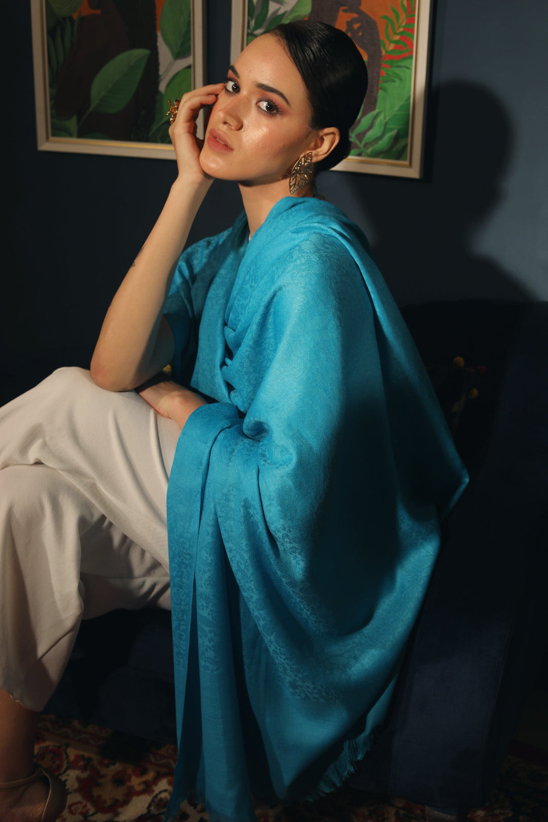 Pashtush India Womens Stoles and Scarves Scarf Pashtush womens Fine Wool shawl, JACQUARD design, Arabic Sea Blue