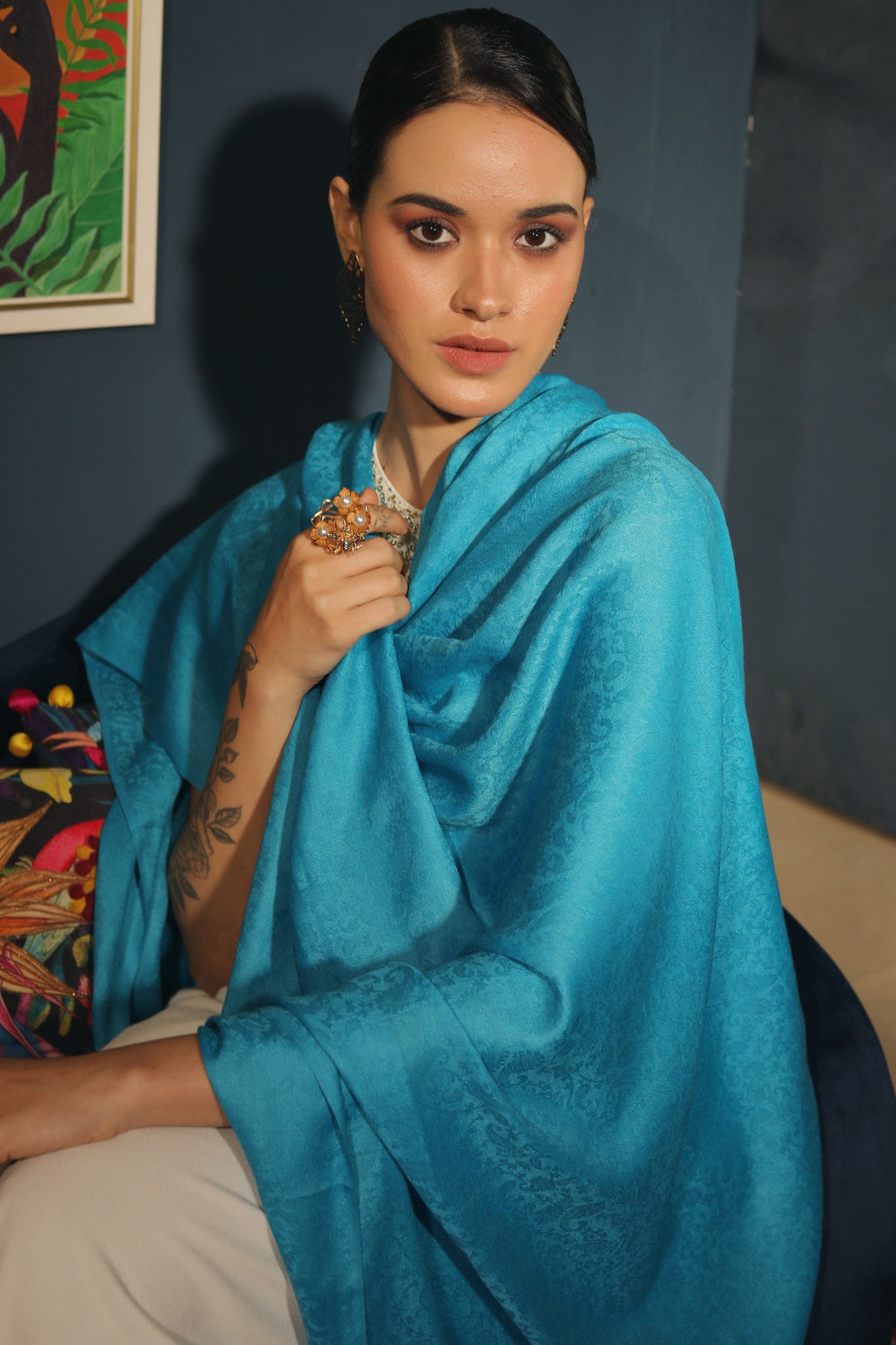 Pashtush India Womens Stoles and Scarves Scarf Pashtush womens Fine Wool shawl, JACQUARD design, Arabic Sea Blue