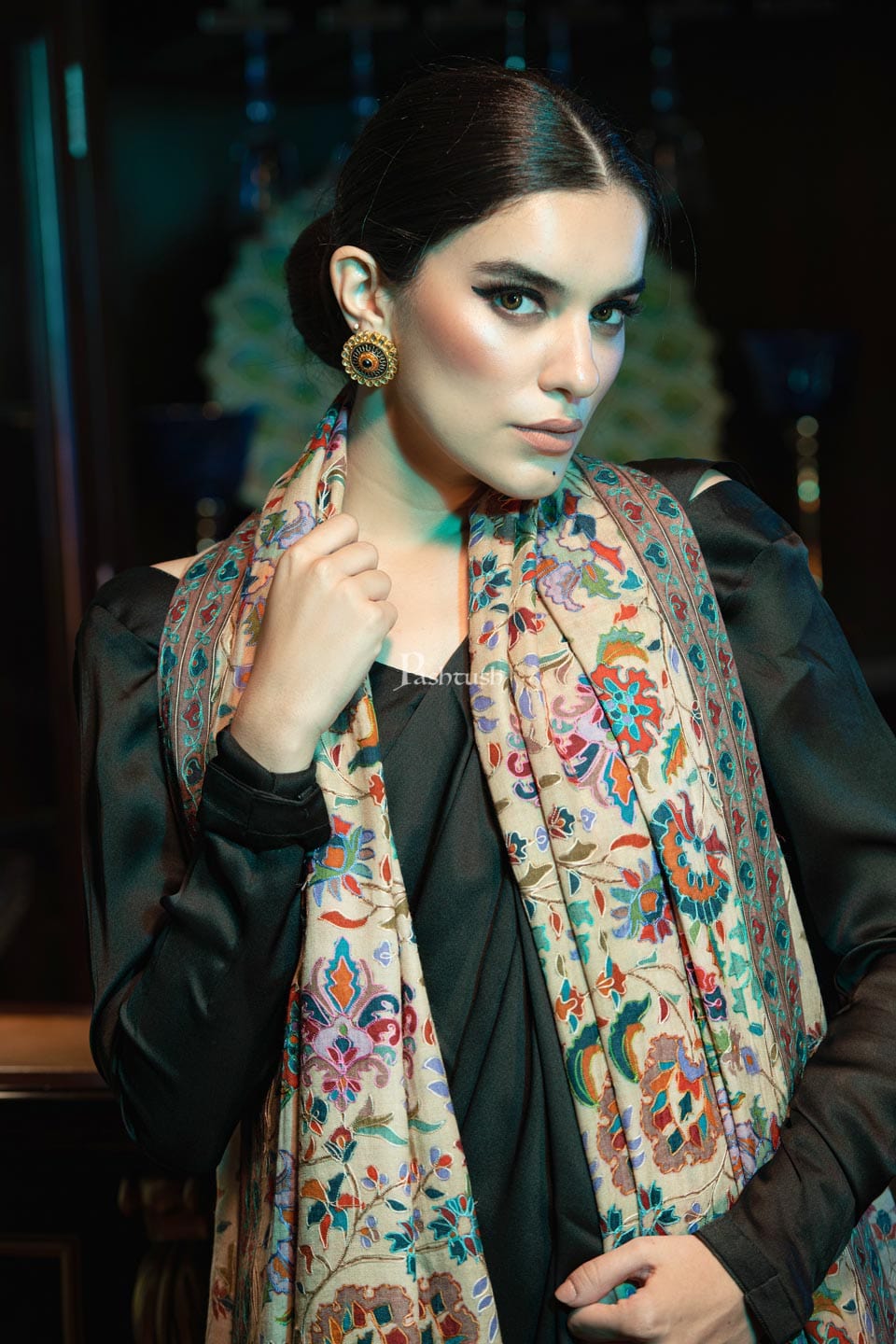 Pashtush India Womens Shawls Pashtush womens Fine Wool shawl, Kalamkari design, Beige