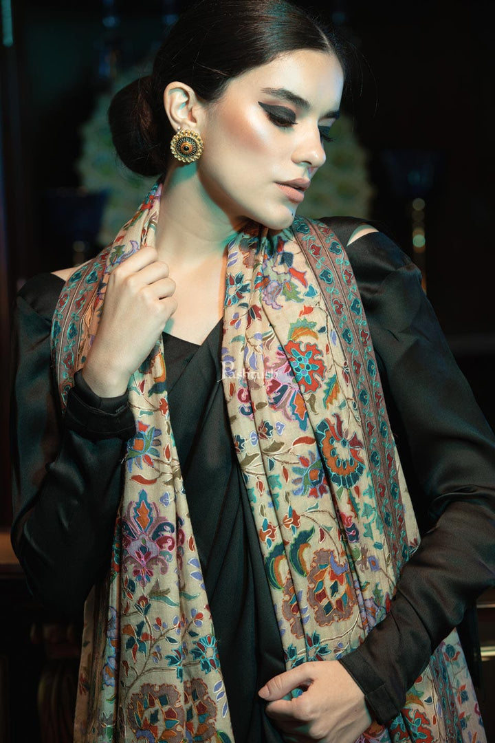 Pashtush India Womens Shawls Pashtush womens Fine Wool shawl, Kalamkari design, Beige