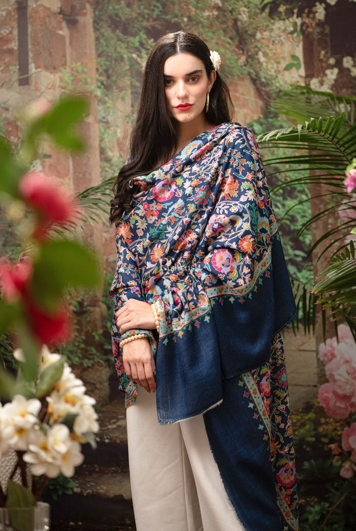 Pashtush India Womens Shawls Pashtush womens Fine Wool shawl, Kalamkari design, Navy Blue