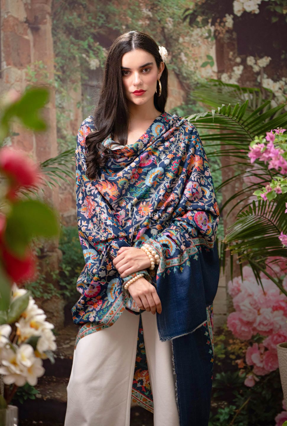 Pashtush India Womens Shawls Pashtush womens Fine Wool shawl, Kalamkari design, Navy Blue