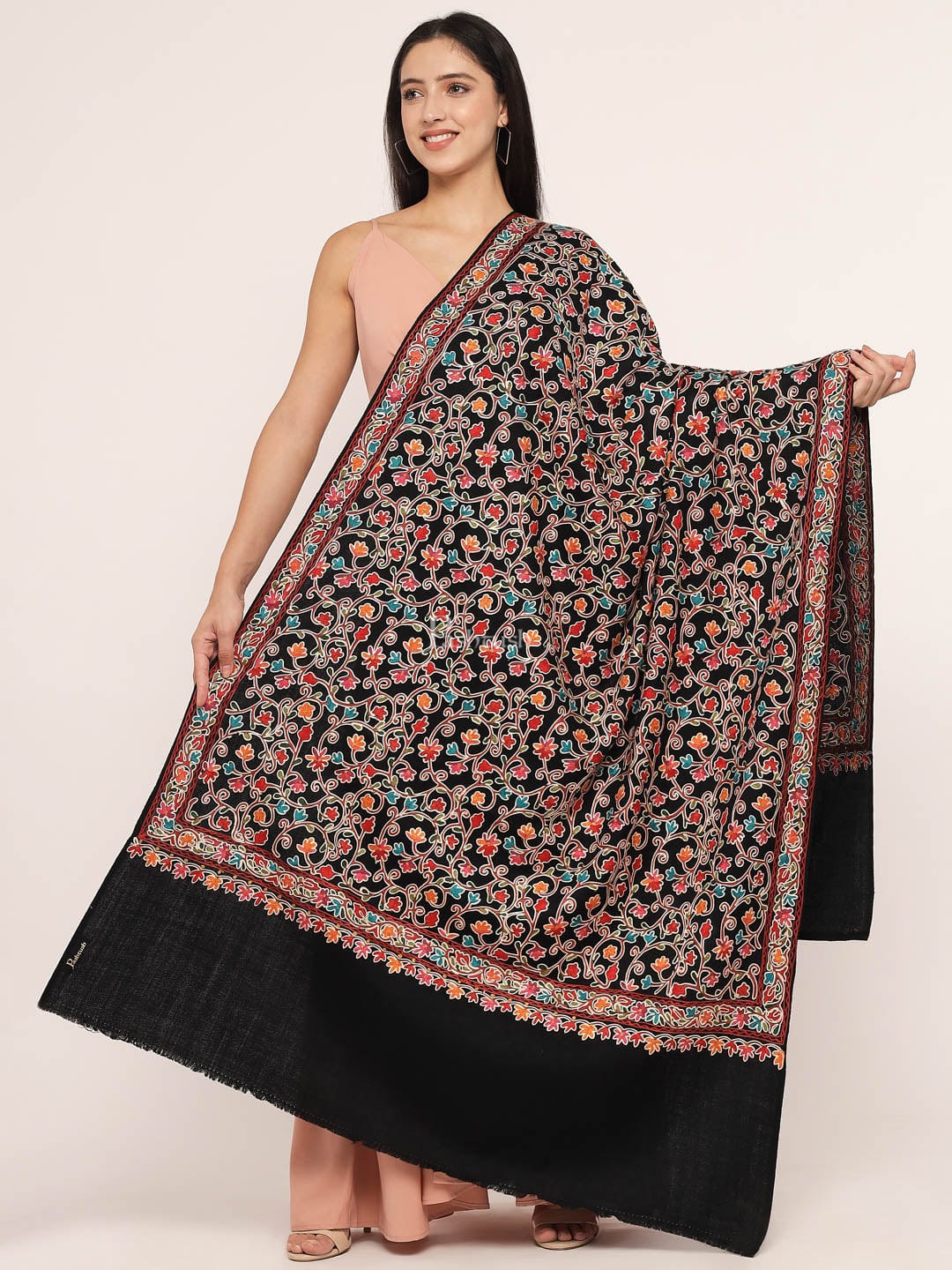 Pashtush India Pashtush womens Fine Wool shawl, nalki embroidery design, Black