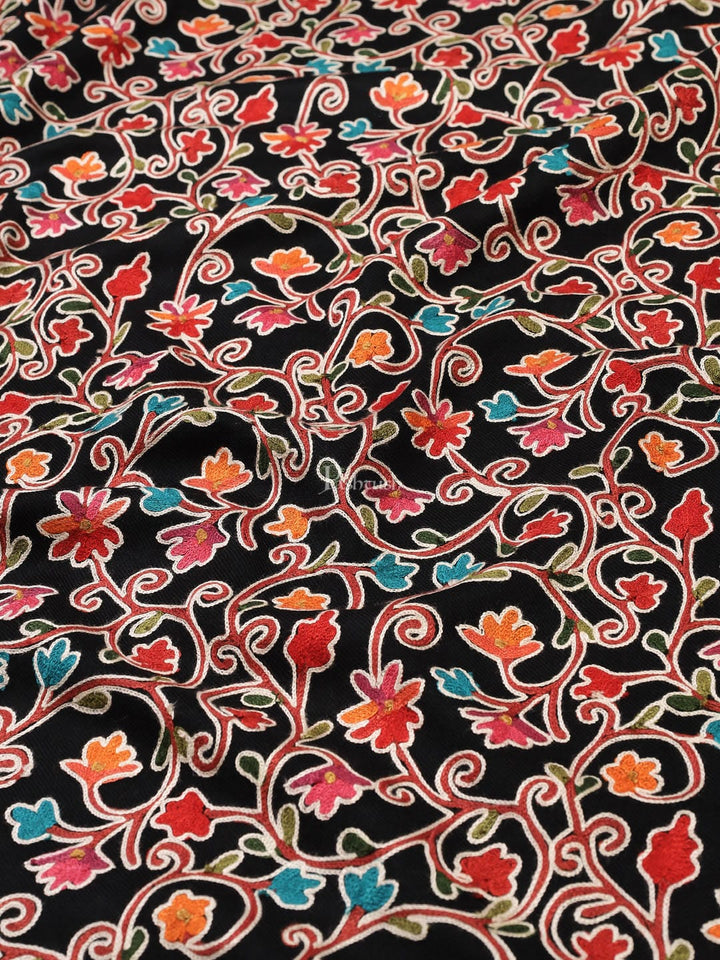 Pashtush India Pashtush womens Fine Wool shawl, nalki embroidery design, Black