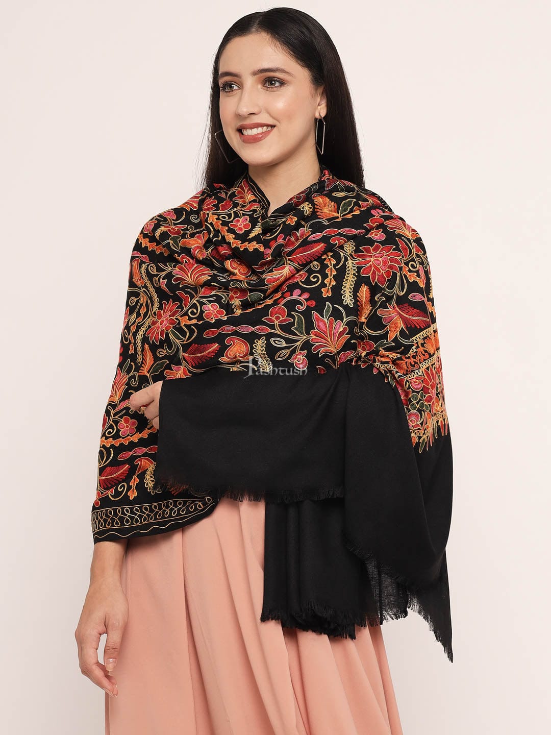 Pashtush India Womens Shawls Pashtush womens Fine Wool shawl, nalki embroidery design, Black