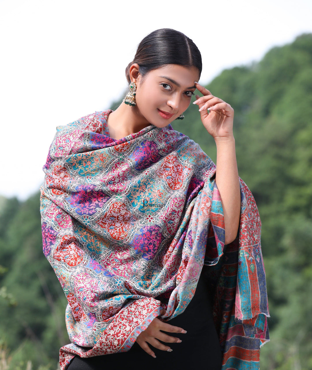 Pashtush womens Fine Wool shawl, nalki embroidery design, Multicolour –  Pashtush Shawl Store