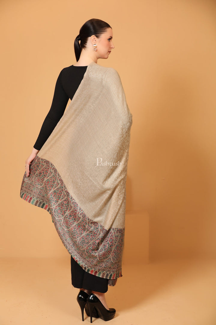 Pashtush India Womens Shawls Pashtush Womens Fine Wool Shawl, Paisley Palla, Woven Design, Natural Beige