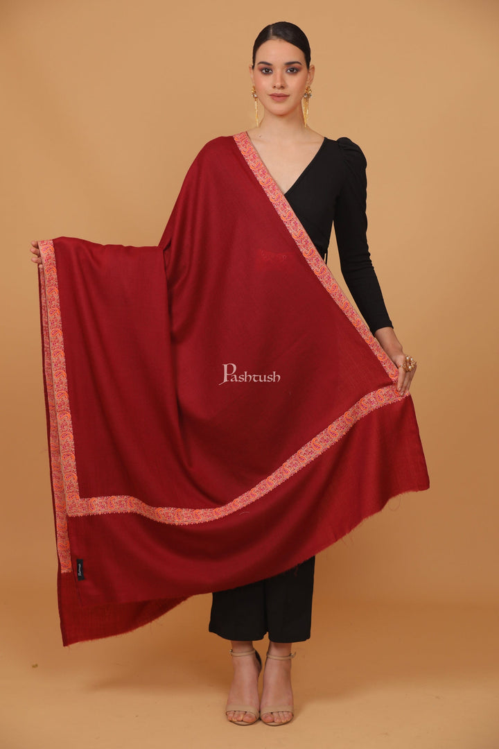 Pashtush India Womens Stoles and Scarves Scarf Pashtush womens Fine Wool shawl, papier mache border design, Maroon