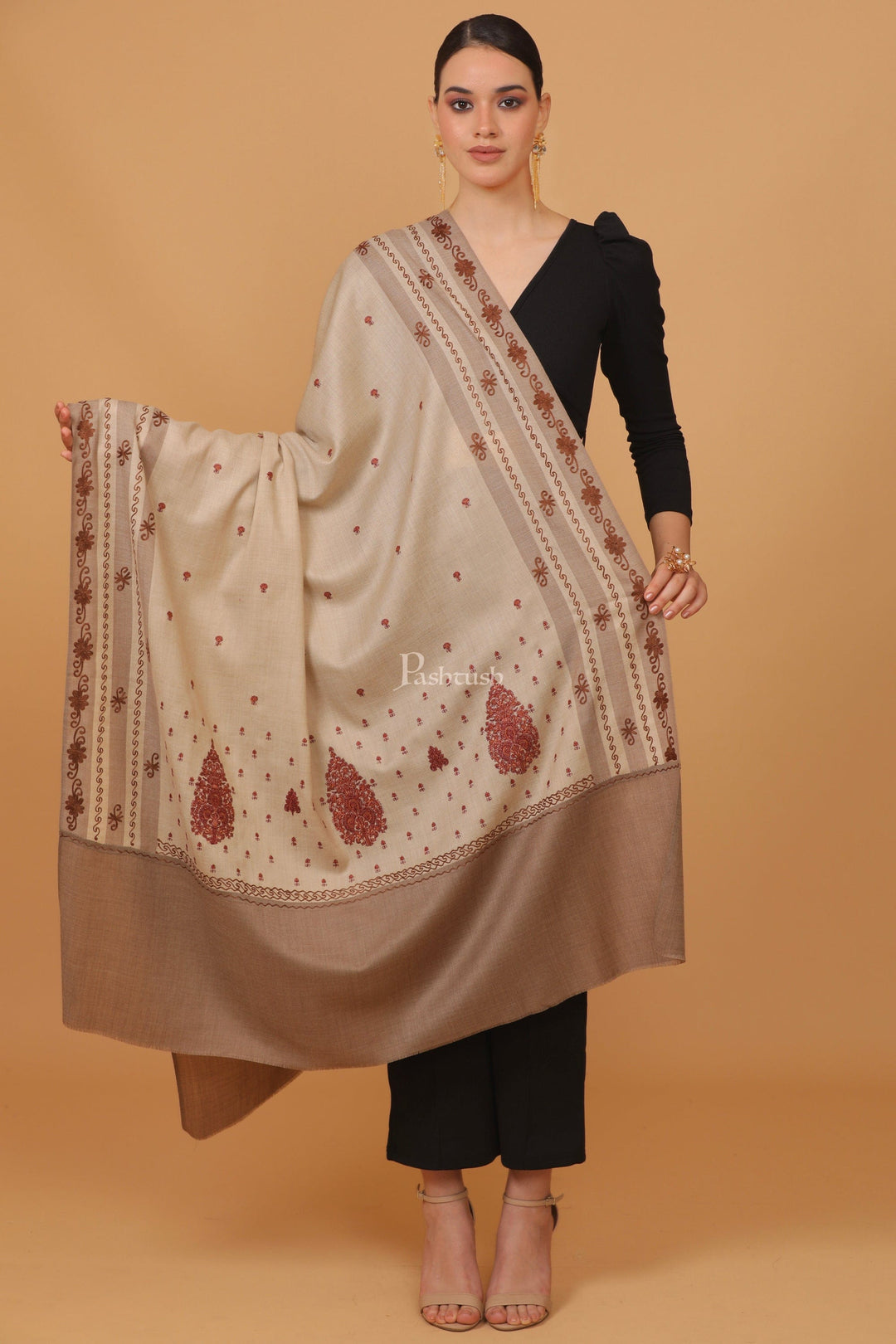 Pashtush India Womens Stoles and Scarves Scarf Pashtush womens Fine Wool shawl, pasiley design, Beige