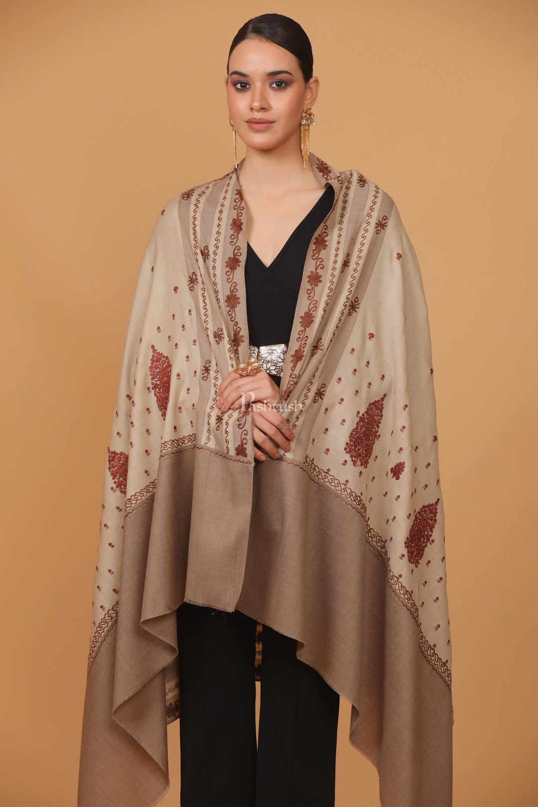Pashtush India Womens Stoles and Scarves Scarf Pashtush womens Fine Wool shawl, pasiley design, Beige