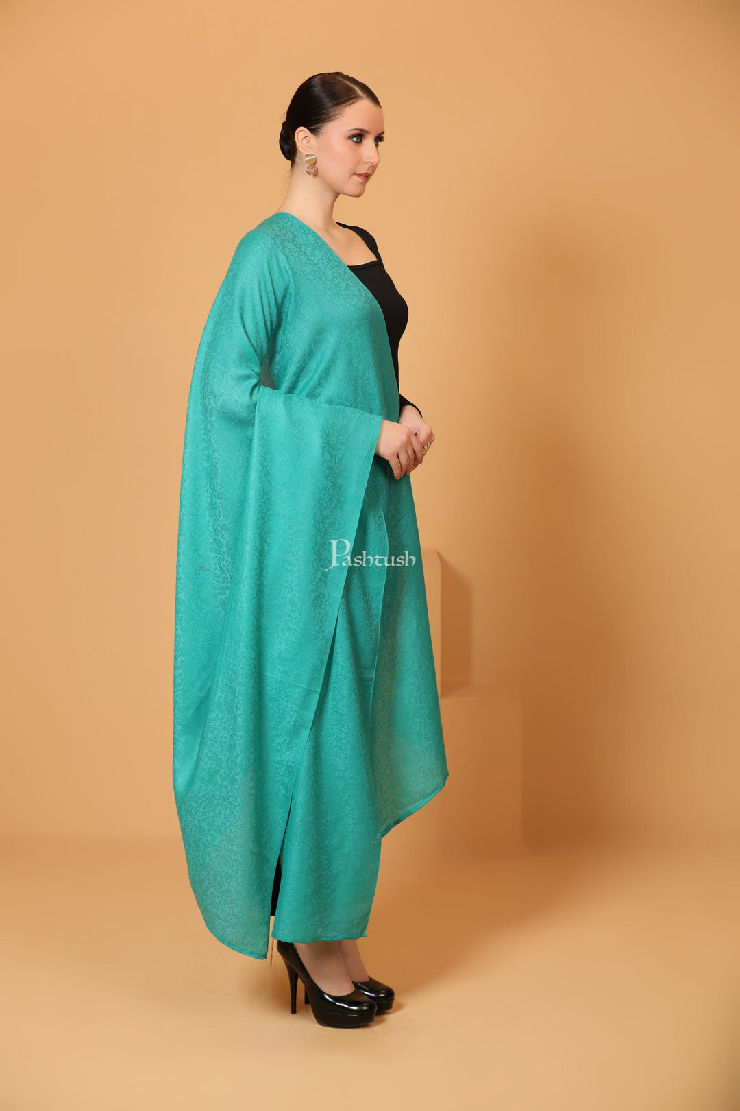 Pashtush India Womens Shawls Pashtush Womens Fine Wool Shawl, Self Paisley Weave, Extra Soft, Warm and Light, Arabic Green
