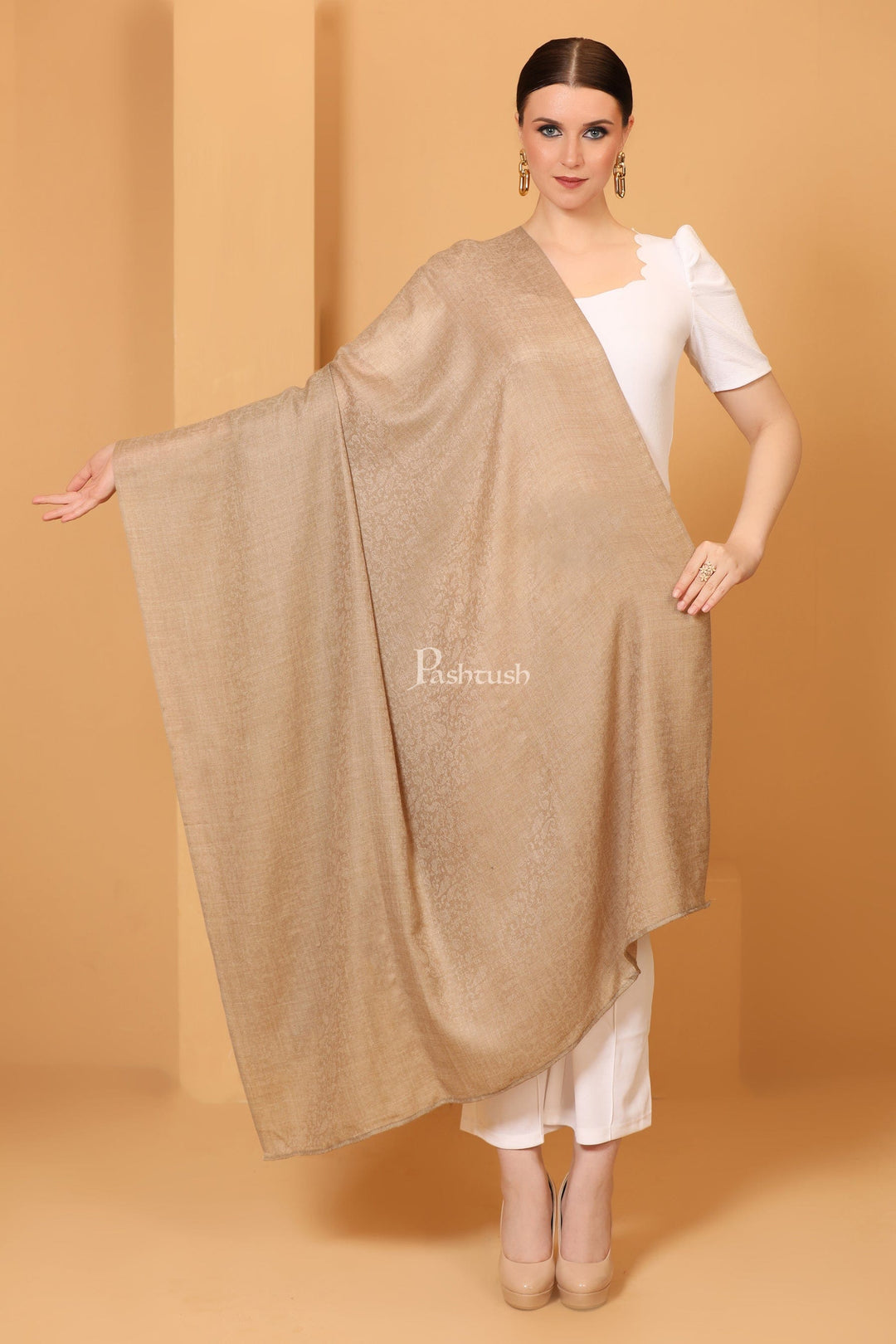 Pashtush India Womens Shawls Pashtush Womens Fine Wool Shawl, Self Paisley Weave, Extra Soft, Warm and Light, Natural Beige