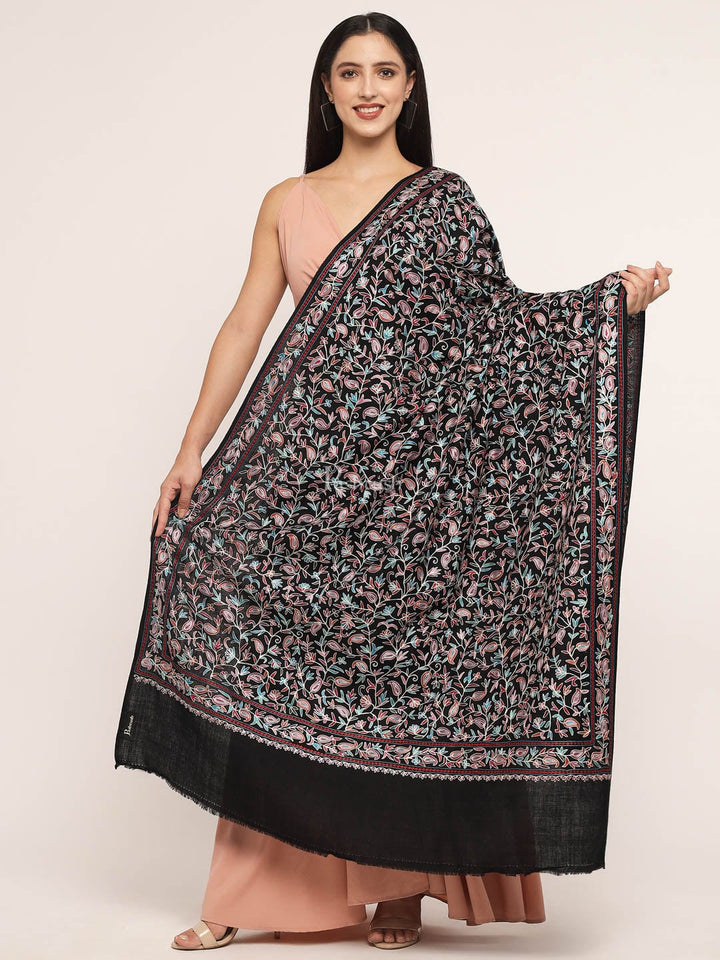 Pashtush India Womens Shawls Pashtush womens Fine Wool shawl, Silky Thread Hand Embroidery, Black