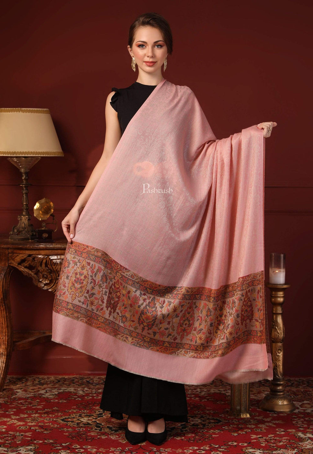 Pashtush India 100x200 Pashtush Womens Fine Wool Shawl, Soft Salmon Pink