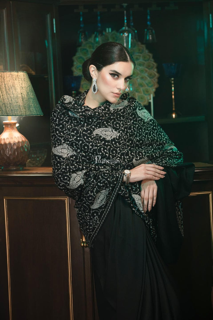 Pashtush India Womens Shawls Pashtush womens Fine Wool Shawl, tone on tone embroidery design, Black
