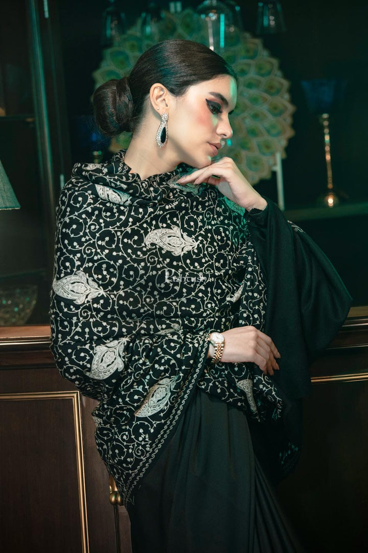 Pashtush India Womens Shawls Pashtush womens Fine Wool Shawl, tone on tone embroidery design, Black