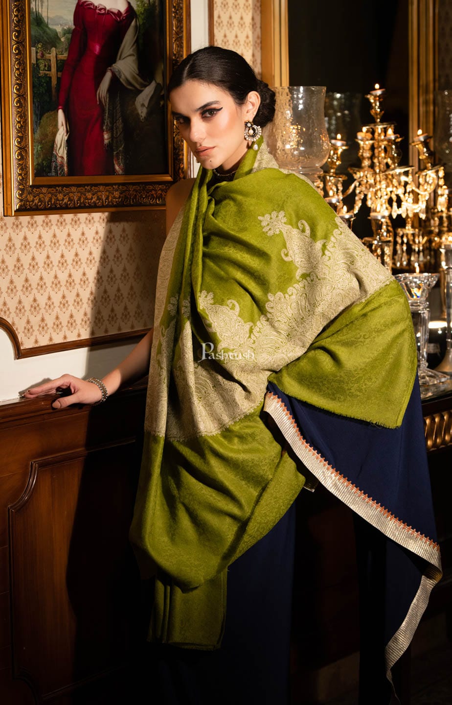 Pashtush India Womens Shawls Pashtush womens Fine Wool shawl, Tone on Tone Palla Embroidery design, green
