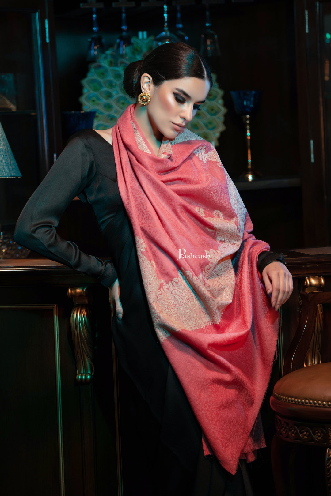 Pashtush India Womens Shawls Pashtush womens Fine Wool shawl, Tone on Tone Palla Embroidery design, Peach