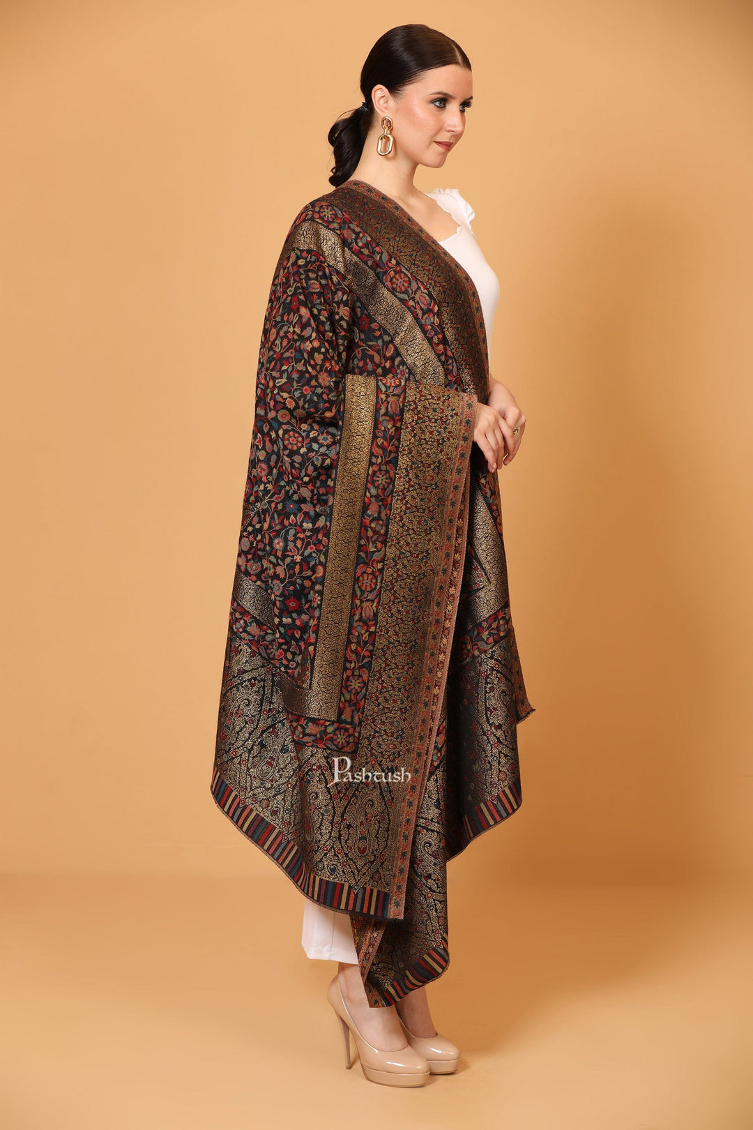 Pashtush Womens Fine Wool Shawl, Twilight Collection  Metallic Weave, Extra Soft, Black
