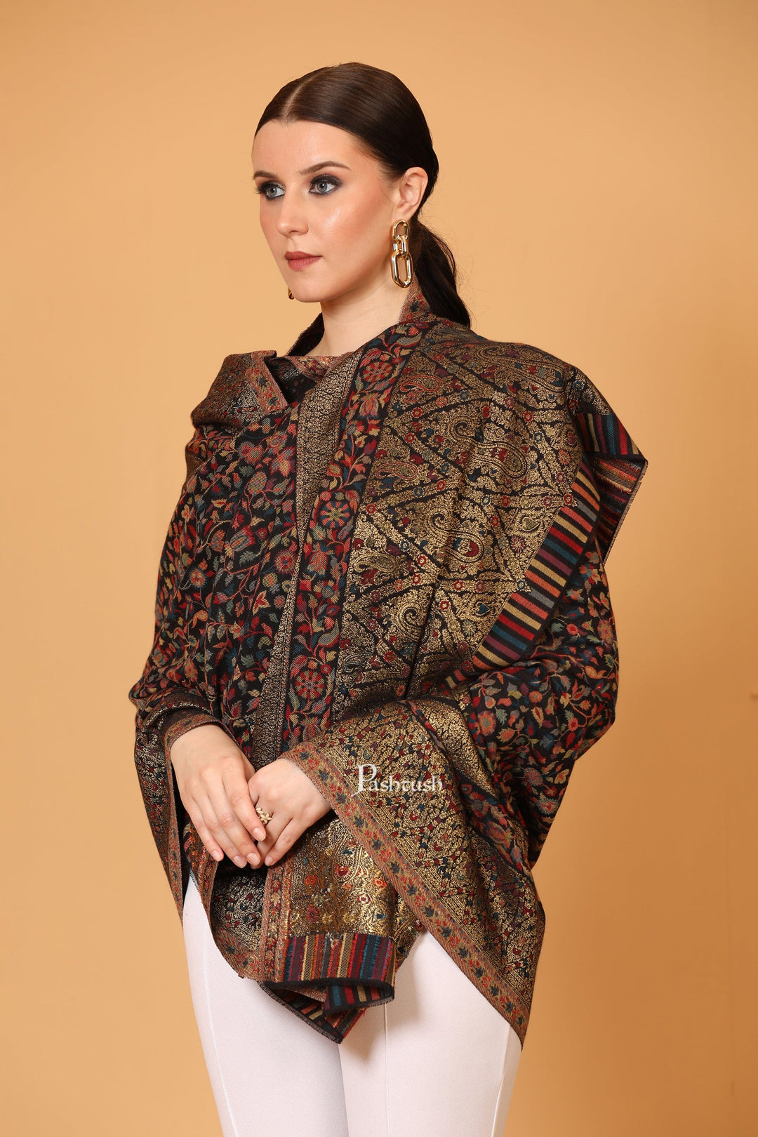 Pashtush India Womens Shawls Pashtush Womens Fine Wool Shawl, Twilight Collection  Metallic Weave, Extra Soft, Black