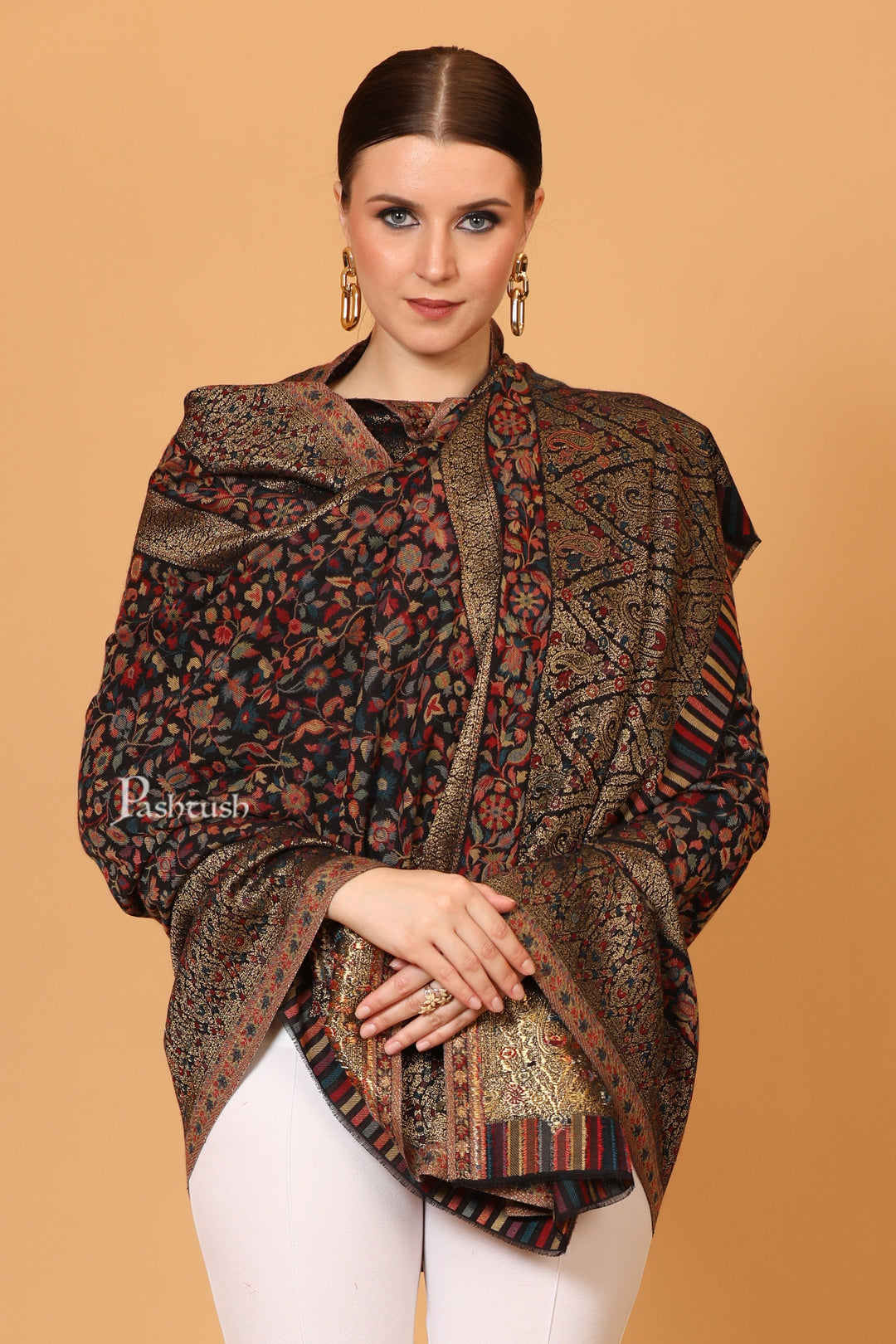 Pashtush India Womens Shawls Pashtush Womens Fine Wool Shawl, Twilight Collection with Metallic Thread Weave, Black