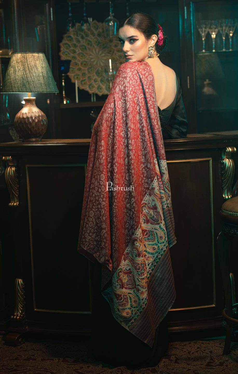 Pashtush India Womens Shawls Pashtush womens Fine Wool shawl, With Embroidered Ethnic Palla design, Soft and Warm