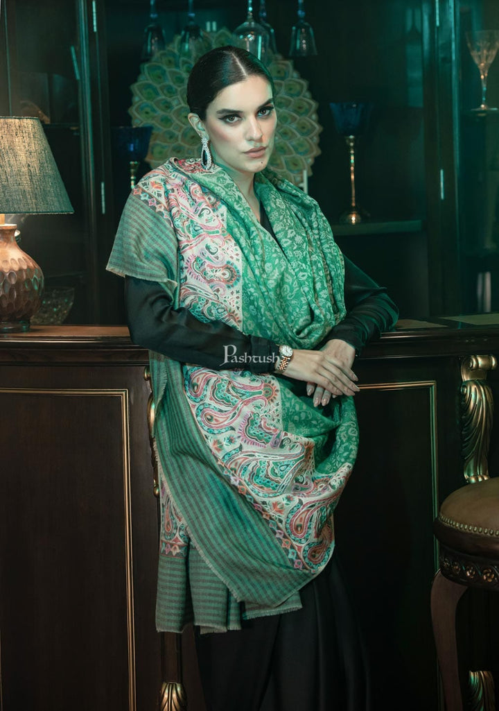 Pashtush India Womens Shawls Pashtush womens Fine Wool shawl, With Embroidered Ethnic Palla design, Soft and Warm, Green
