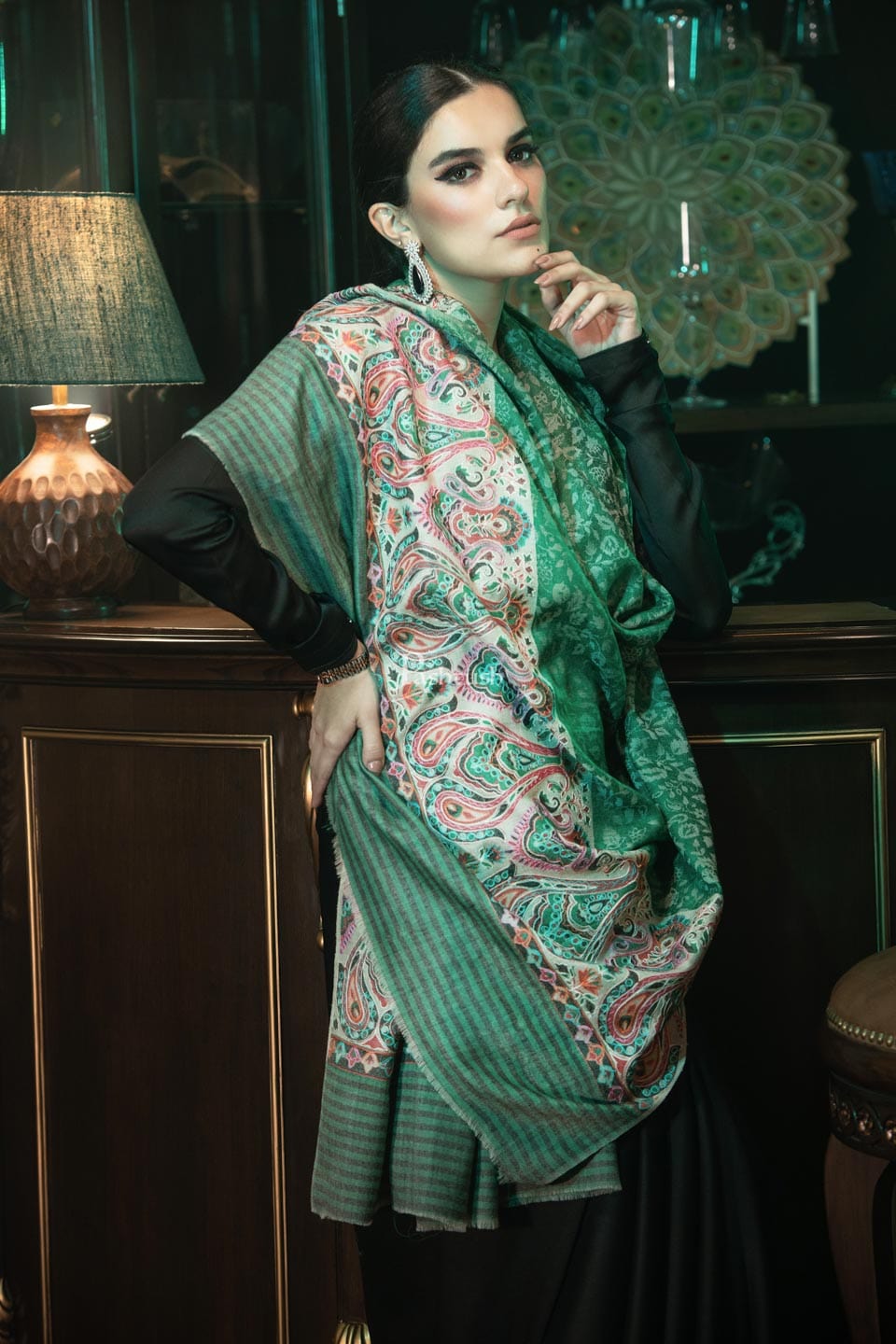 Pashtush India Womens Shawls Pashtush womens Fine Wool shawl, With Embroidered Ethnic Palla design, Soft and Warm, Green