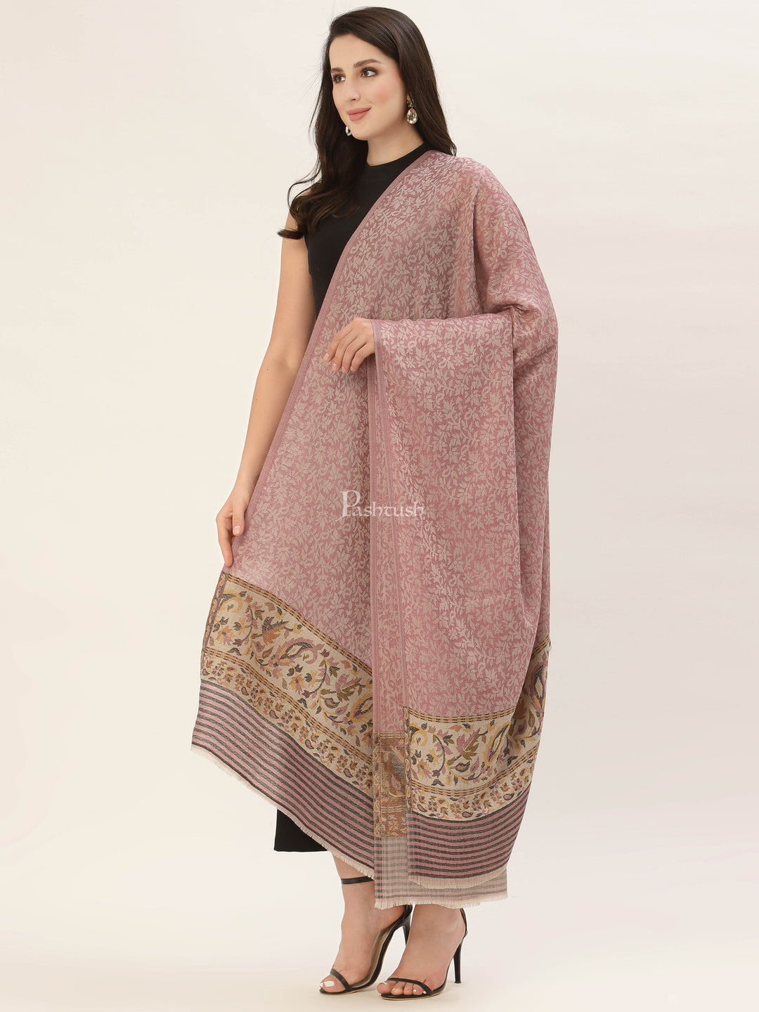 Pashtush India Womens Shawls Pashtush Womens Fine Wool Shawl, With Ethnic Palla Weave