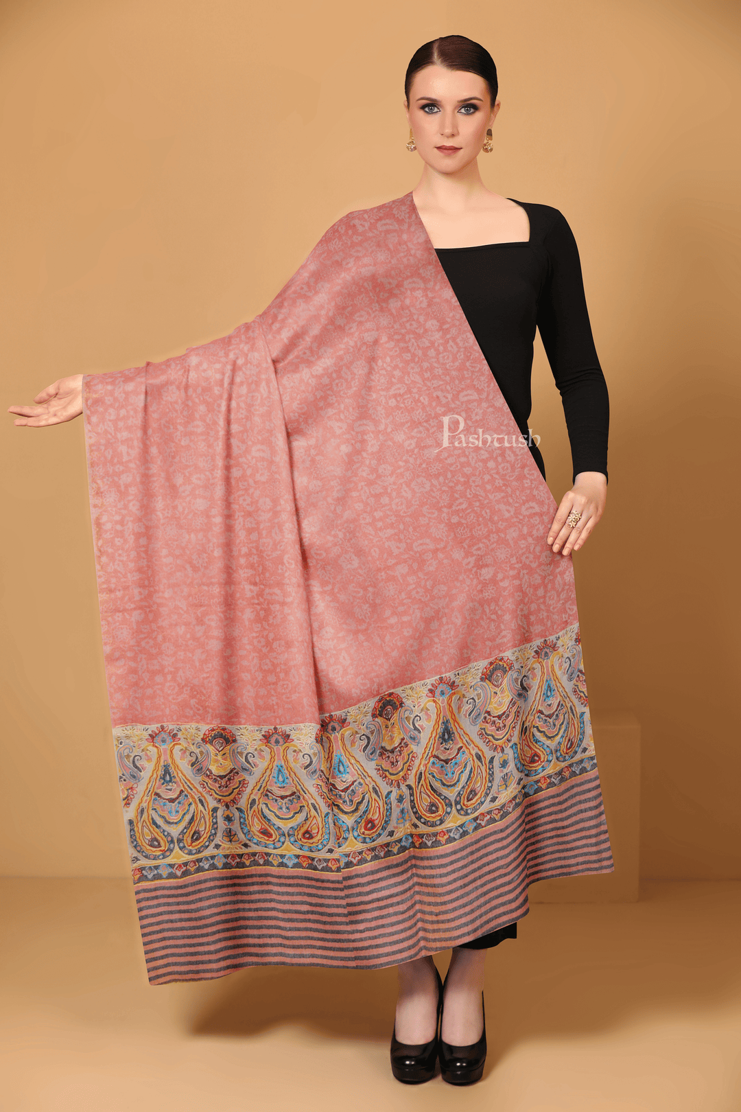 Pashtush India Womens Shawls Pashtush Womens Fine Wool Shawl, With Silky nalki embroidery, Peach