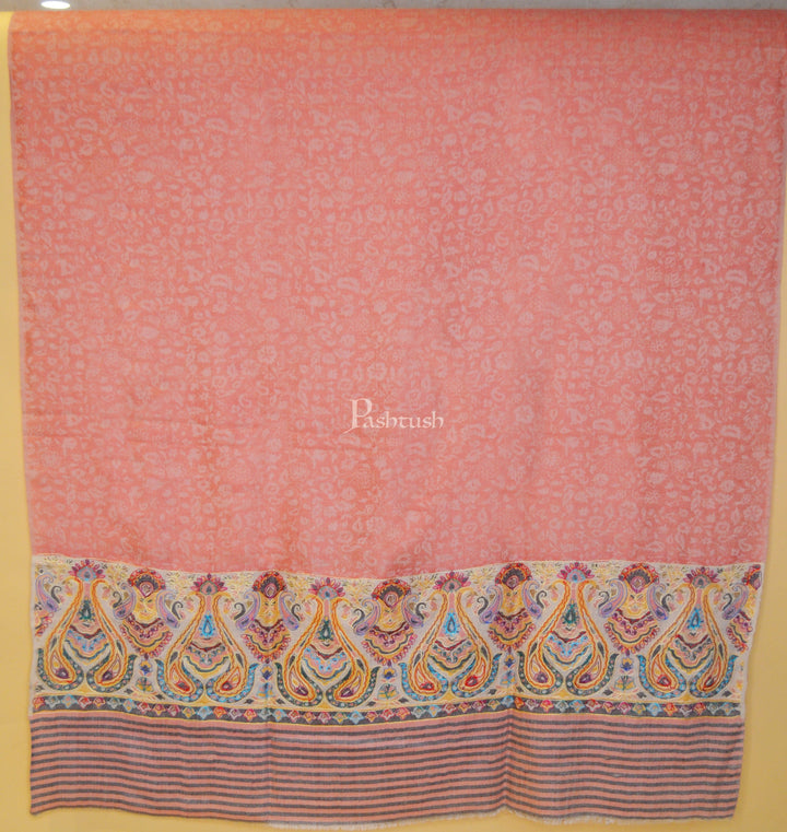 Pashtush India Womens Shawls Pashtush Womens Fine Wool Shawl, With Silky nalki embroidery, Peach