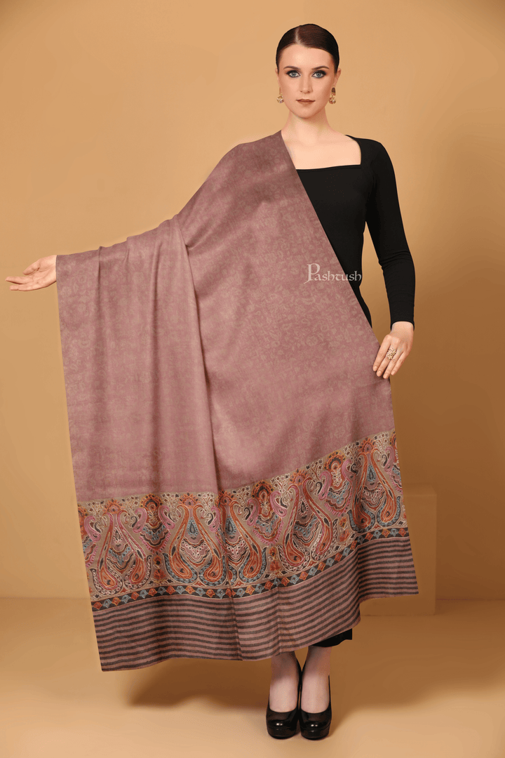 Pashtush India Womens Shawls Pashtush Womens Fine Wool Shawl, With Silky nalki embroidery, Peel Lilac