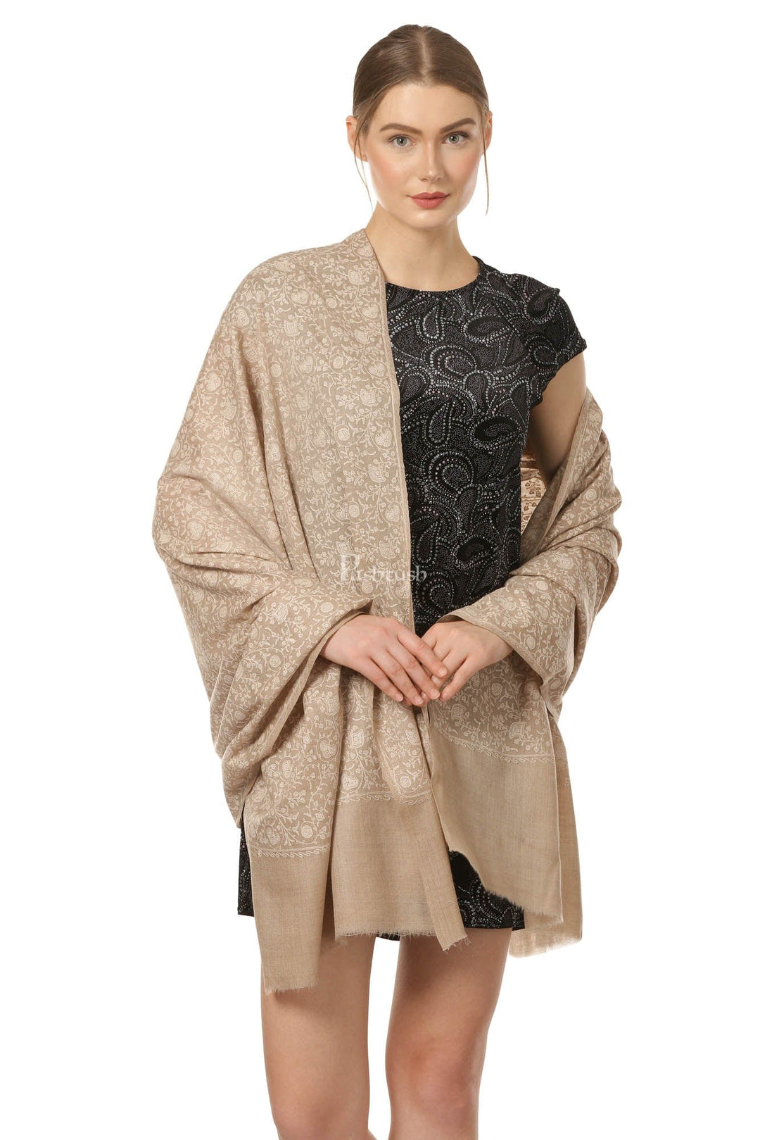 Pashtush India Womens Shawls Pashtush Womens Fine Wool Shawl With Tone On Tone Embroidery, Soft And Warm, Light Weight
