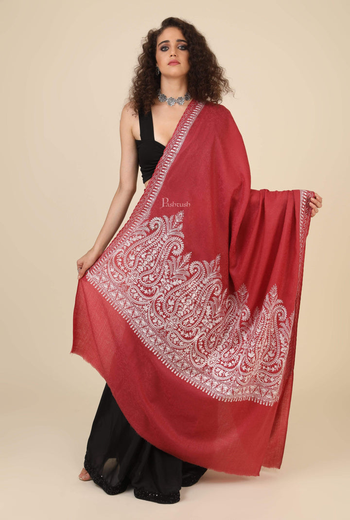 Pashtush India 114x228 Pashtush Womens Fine Wool Shawl, With Tone on Tone Nalki Embroidery, Soft and Warm