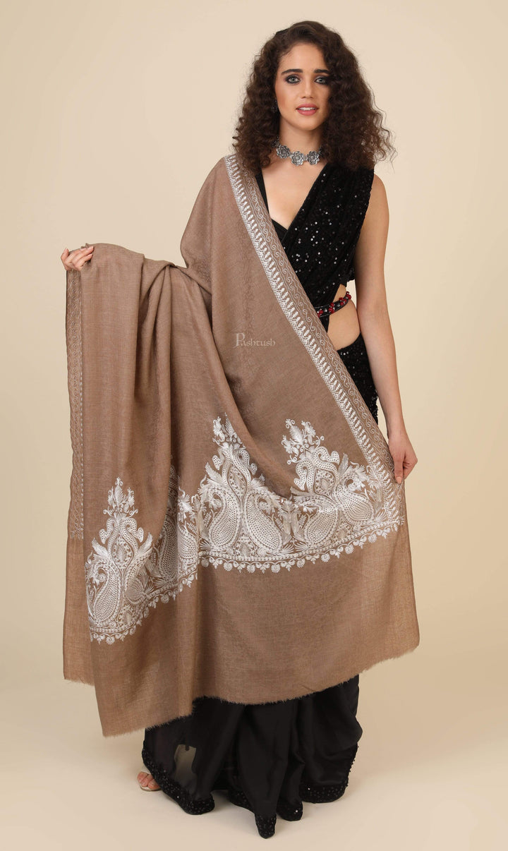 Pashtush India 114x228 Pashtush Womens Fine Wool Shawl, With Tone on Tone Nalki Embroidery, Soft and Warm