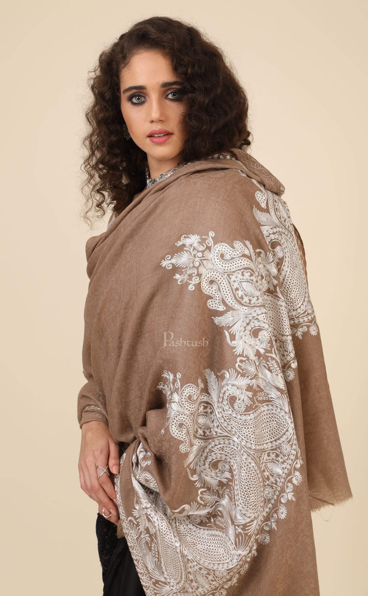 Pashtush India 114x228 Pashtush Womens Fine Wool Shawl, With Tone on Tone Nalki Embroidery, Soft and Warm