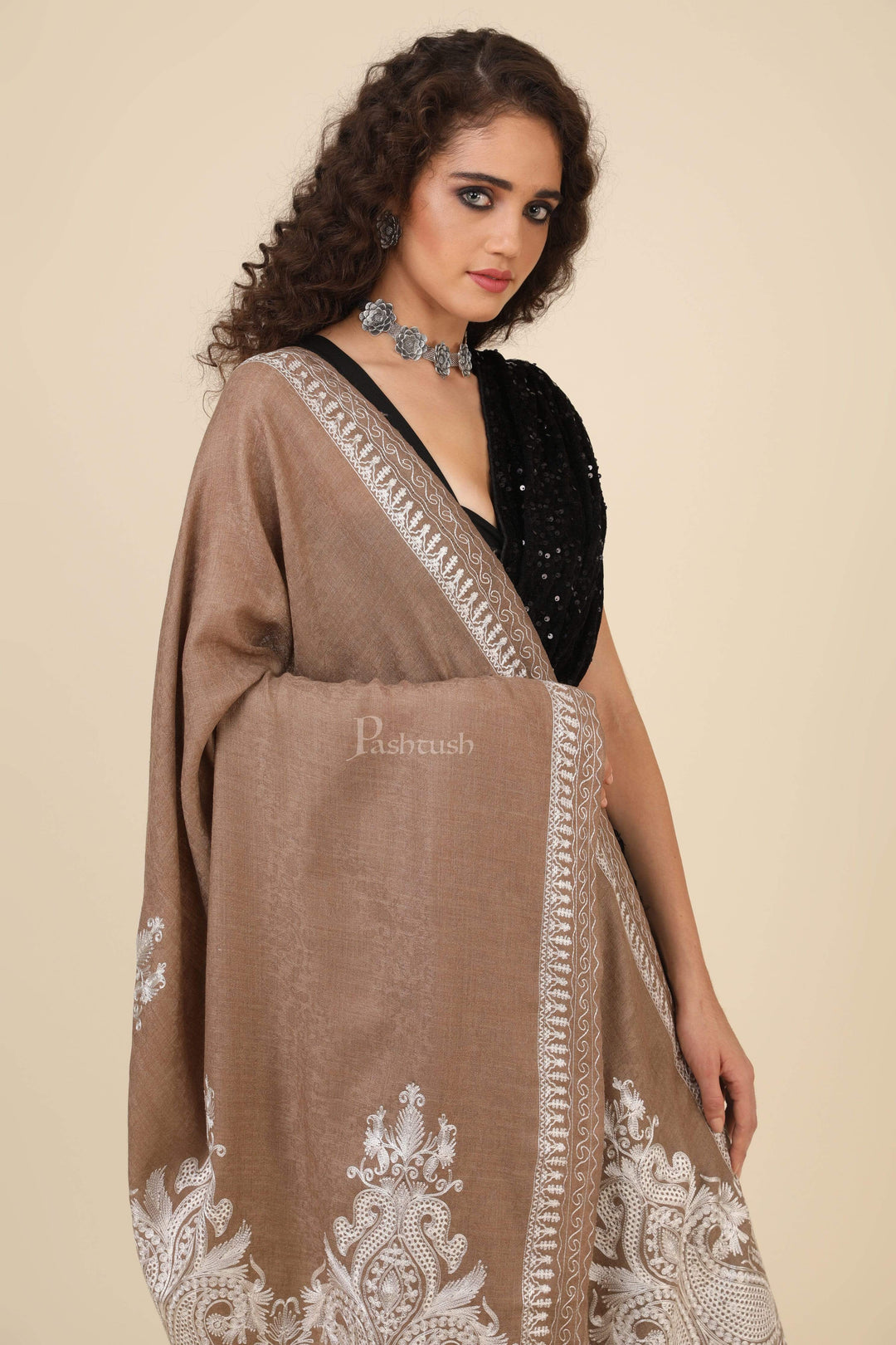 Pashtush India 114x228 Pashtush Womens Fine Wool Shawl, With Tone on Tone Nalki Embroidery, Soft and Warm