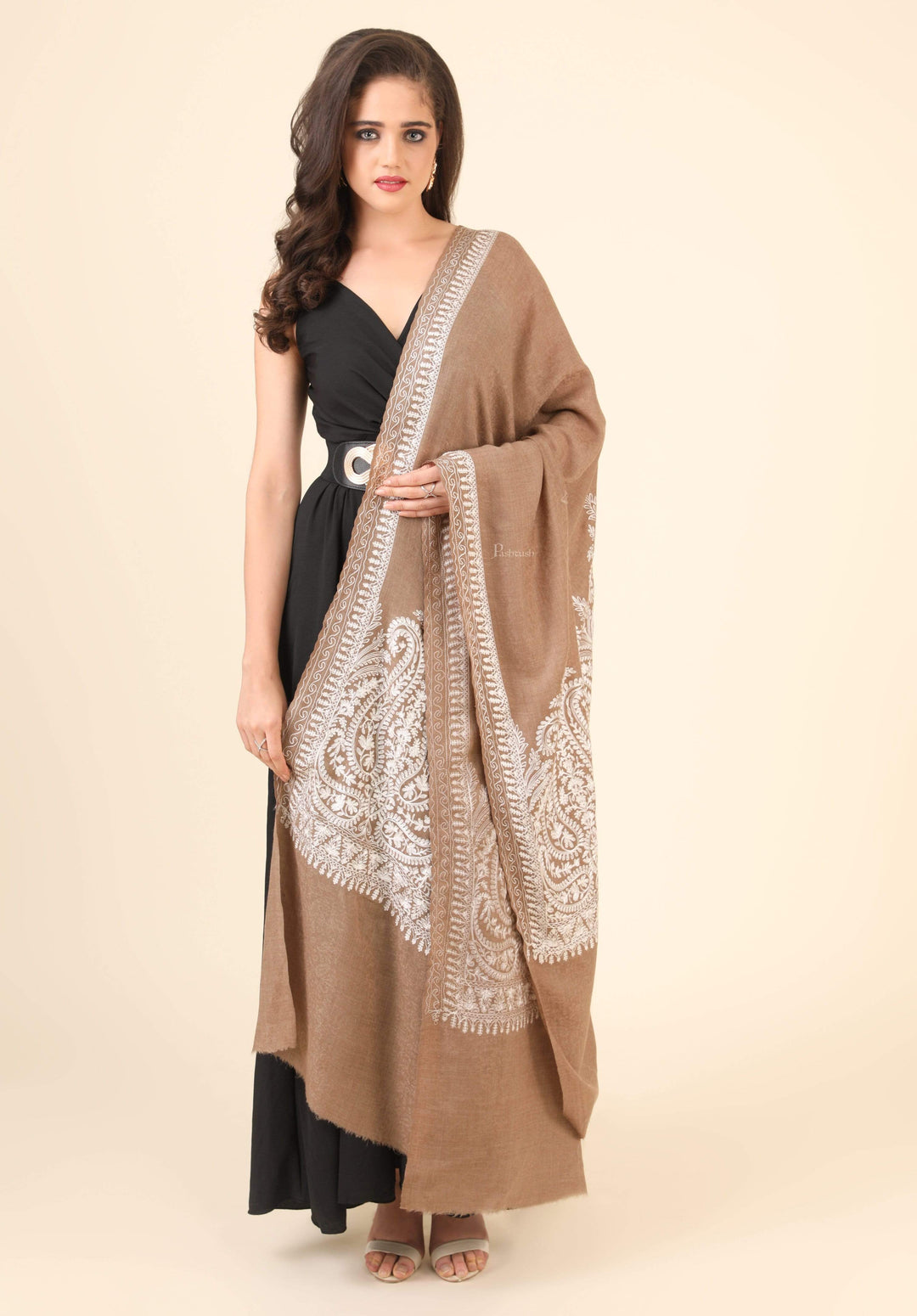 Pashtush India 114x228 Pashtush Womens Fine Wool Shawl, With Tone on Tone Nalki Embroidery, Soft and Warm