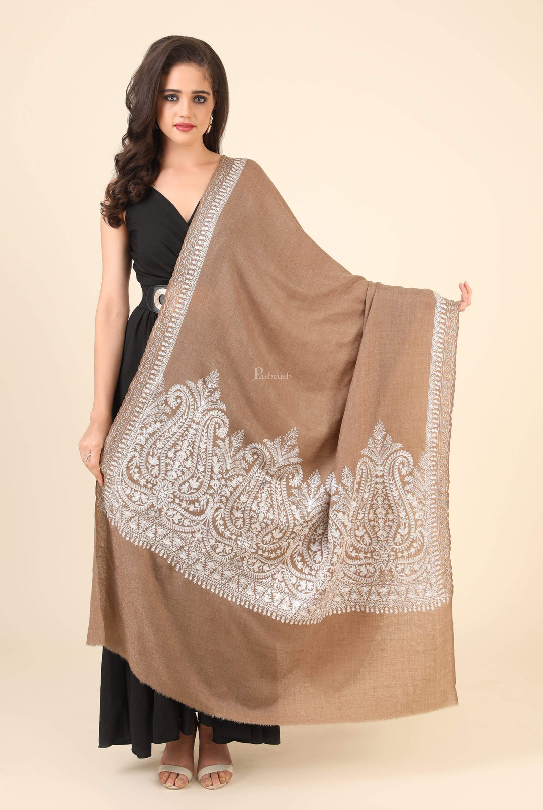 Pashtush India 114x228 Pashtush Womens Fine Wool Shawl, With Tone on Tone Nalki Embroidery, Soft and Warm