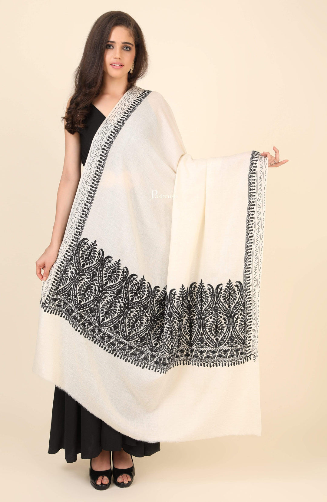 Pashtush India 114x228 Pashtush Womens Fine Wool Shawl, With Tone on Tone Nalki Embroidery, Soft and Warm