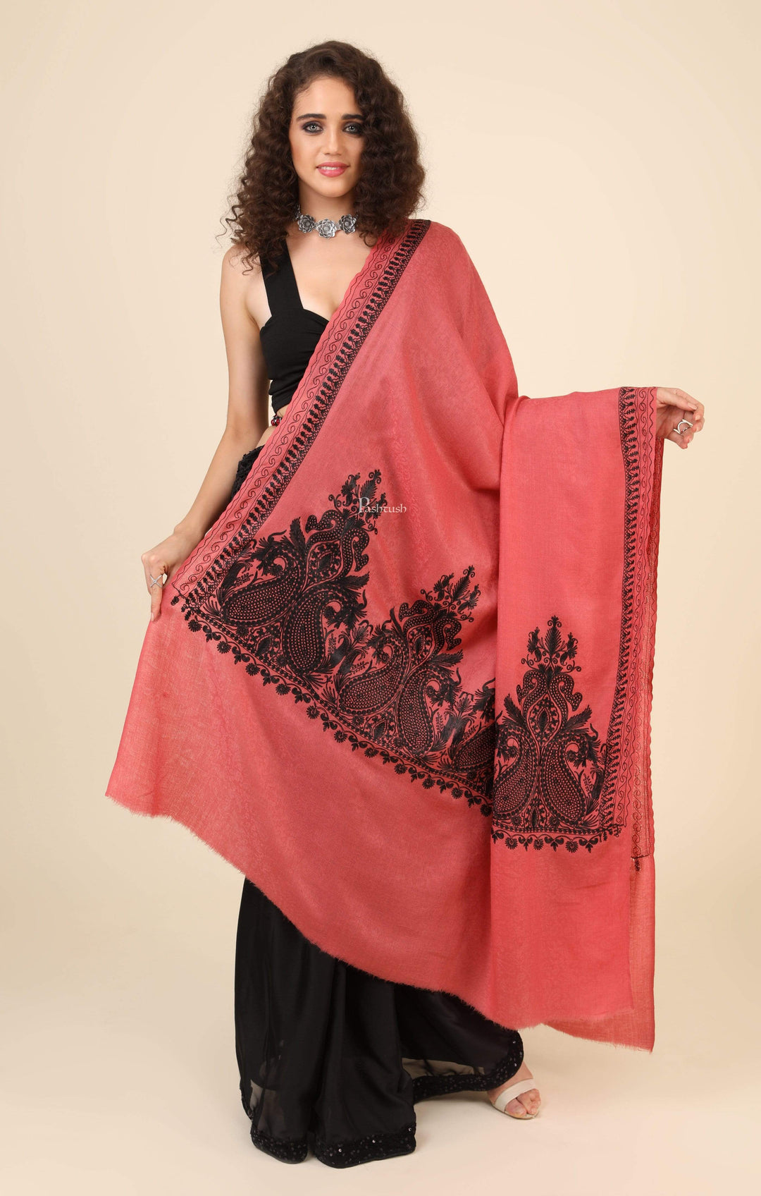 Pashtush India 114x228 Pashtush Womens Fine Wool Shawl, With Tone on Tone Nalki Embroidery, Soft and Warm