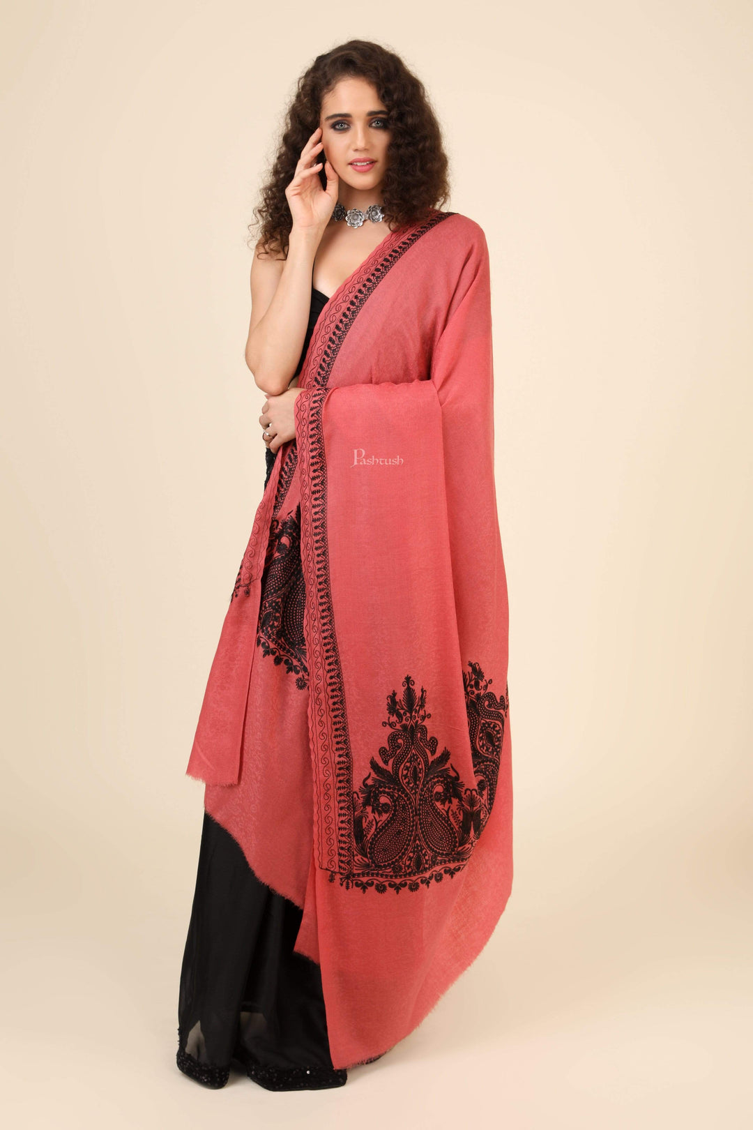 Pashtush India 114x228 Pashtush Womens Fine Wool Shawl, With Tone on Tone Nalki Embroidery, Soft and Warm