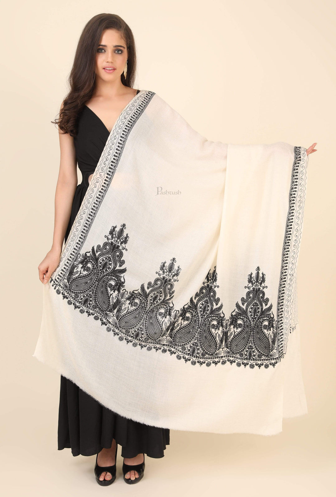 Pashtush India 114x228 Pashtush Womens Fine Wool Shawl, With Tone on Tone Nalki Embroidery, Soft and Warm