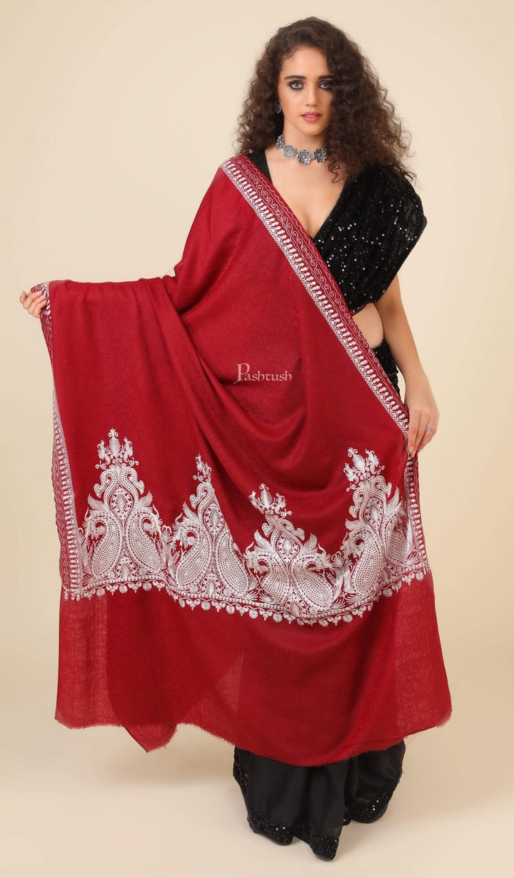 Pashtush India 114x228 Pashtush Womens Fine Wool Shawl, With Tone on Tone Nalki Embroidery, Soft and Warm