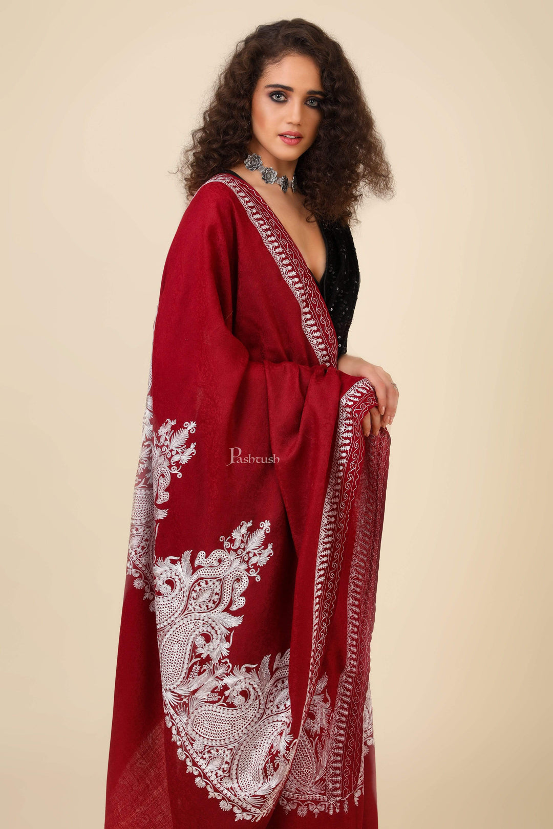 Pashtush India 114x228 Pashtush Womens Fine Wool Shawl, With Tone on Tone Nalki Embroidery, Soft and Warm