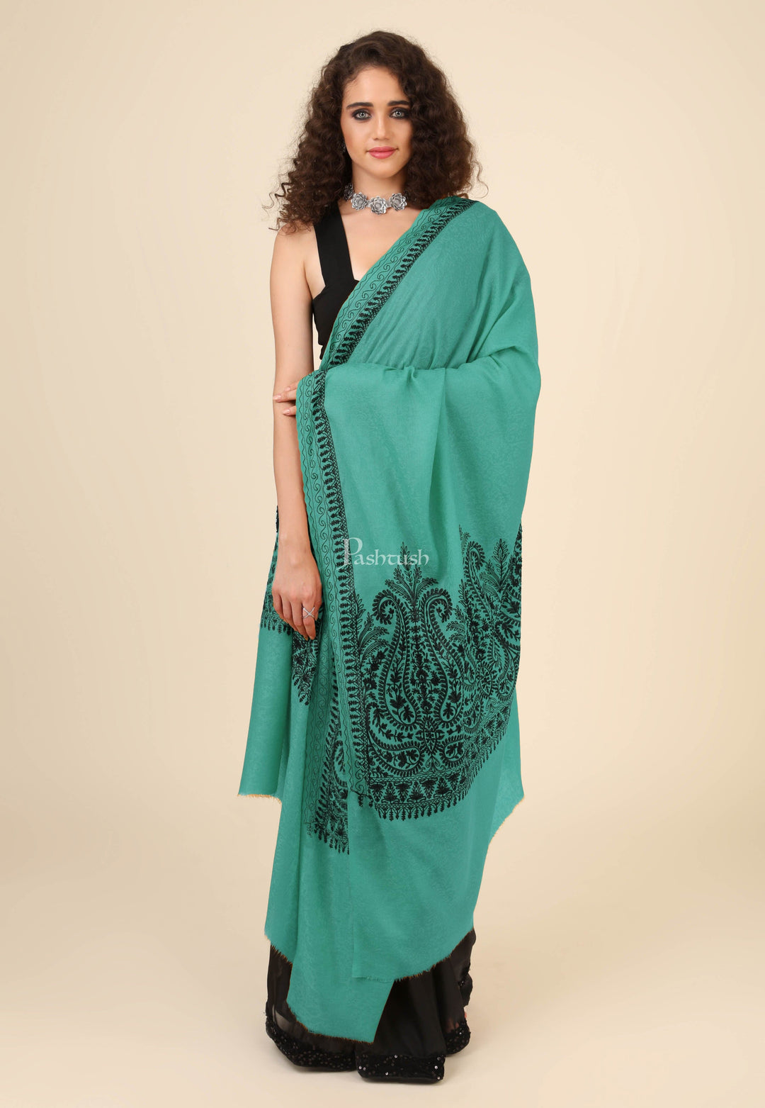 Pashtush India Womens Shawls Pashtush Womens Fine Wool Shawl, With Tone On Tone Nalki Embroidery, Soft And Warm, Arabic Sea Blue